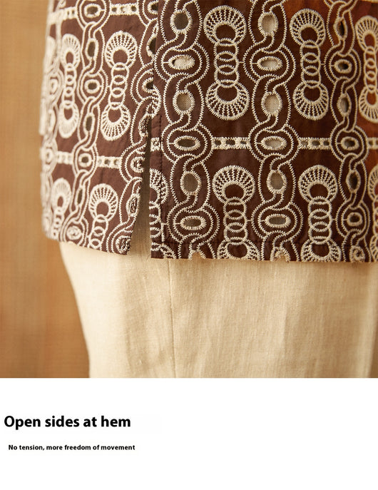 Camisa Casual Cuello Cubano con Bordado Vintage de Algodón - Image 13
