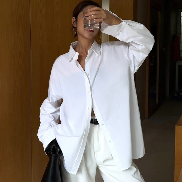 Blusa Blanca Holgada de Manga Larga para Mujer