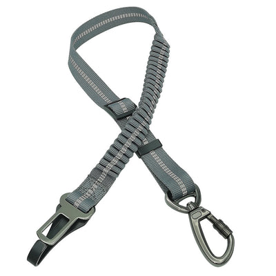 Black reflective pet car seat belt with elastic buffer, seat belt buckle, and metal carabiner clip. - Image 13