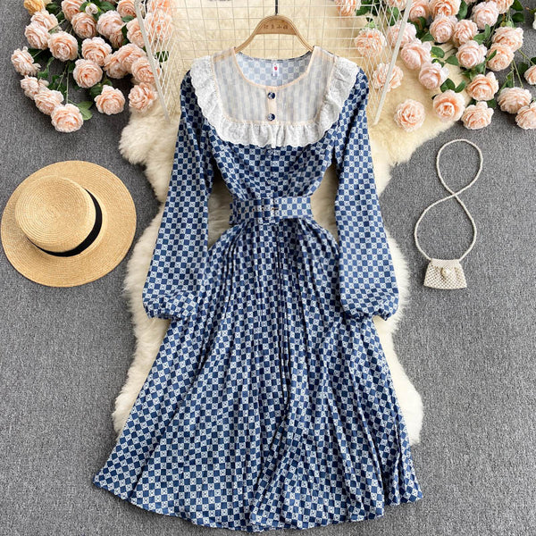 Vestido Falda Escocesa Ajustada Estilo Palacio con Mangas Abullonadas