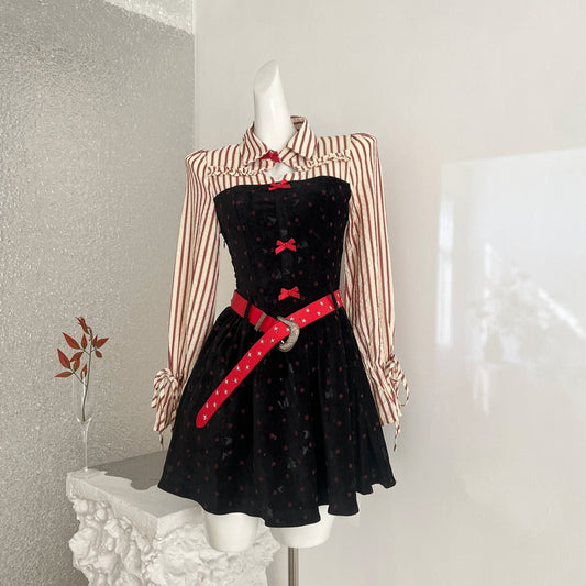 Vestido Bodycon Y2K Polka Dot con Paneles de Terciopelo
