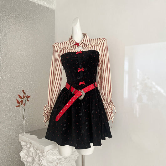 Vestido Bodycon Y2K Polka Dot con Paneles de Terciopelo