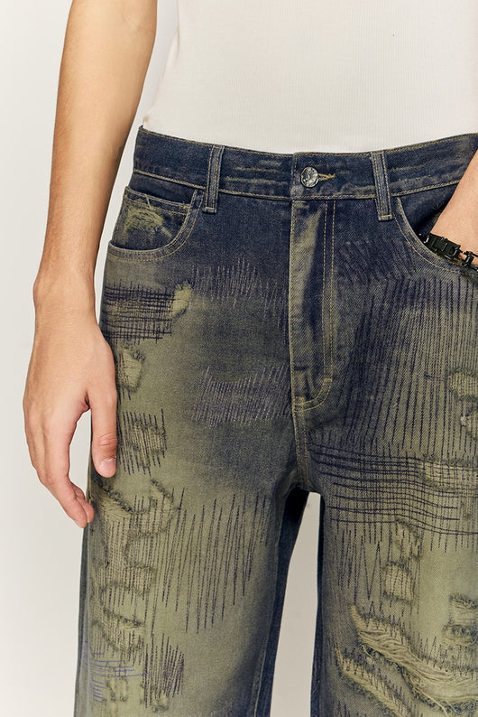 Pantalones Denim Ancho Estilo Urbano Americano con Estampado para Hombre - Image 19