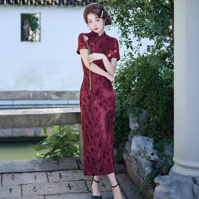 Vestido Cheongsam Retro Rojo con Flores Terciopeladas - Manga Corta Midi Clásico - Image 5