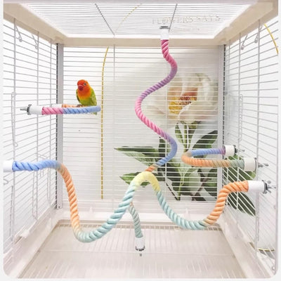Bright green 150cm spiral rope bird perch with a metal clip, designed for climbing and perching in bird cages. - Image 4