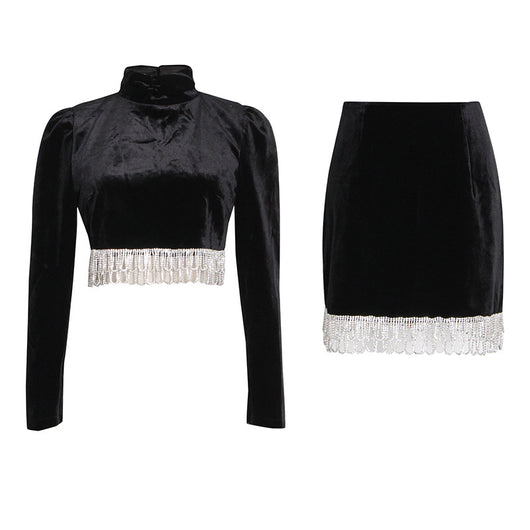 Blusa Ante Cuello Alto con Flecos y Falda Cadera - Image 24
