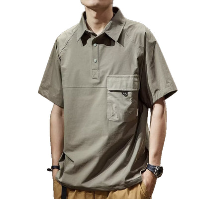 Men's khaki short-sleeve polo shirt with a lapel collar, three buttons, and a large flap chest pocket with a D-ring. - Image 5