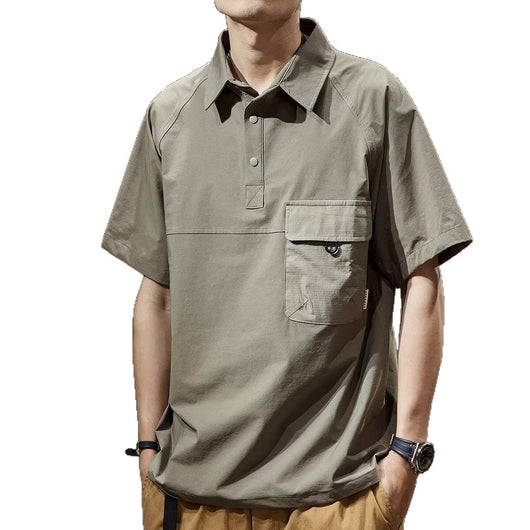 Men's khaki short-sleeve polo shirt with a lapel collar, three buttons, and a large flap chest pocket with a D-ring. - Image 5