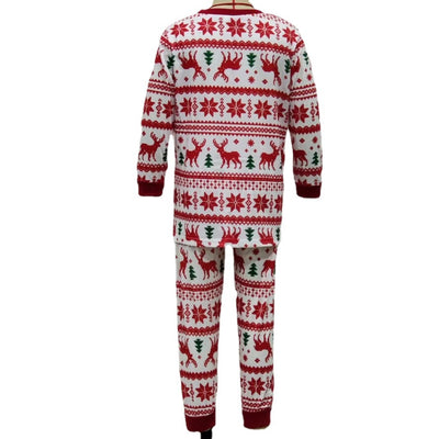 White long-sleeved pajama set with red and green Fair Isle Christmas pattern featuring reindeer and trees. - Image 3