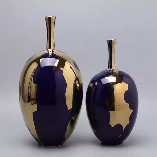 Jarrón Alto de Lujo Azul Gema con Baño de Oro - Decoración Moderna