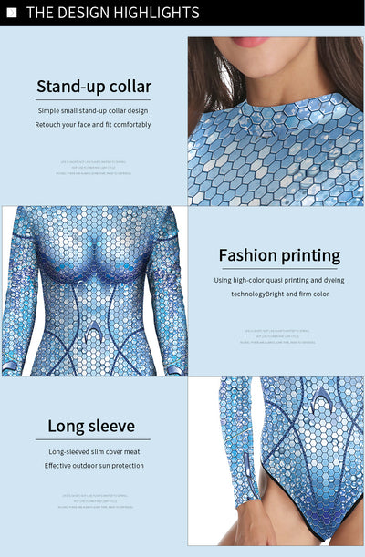 Women's long sleeve bodysuit with 3D digital iridescent mermaid scales print and sheer illusion neckline. - Image 11