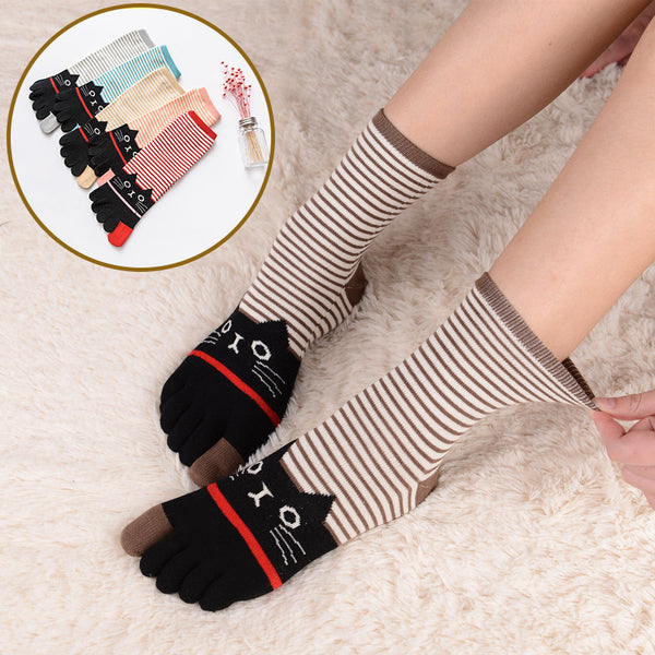 Calcetines de Algodón para Mujer con Diseño de Rayas y Gato - Otoño Invierno
