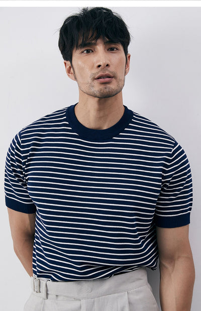 Camiseta Tejida de Cuello Redondo con Rayas para Hombre - Image 10