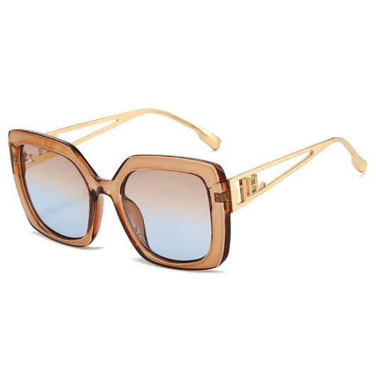 Women's square fashion sunglasses with red and green gradient tortoise shell frames and gradient purple-to-yellow lenses. - Image 7