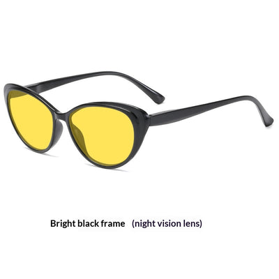 Retro cat-eye sunglasses with bright black frames and yellow night vision lenses on a white background. - Image 4