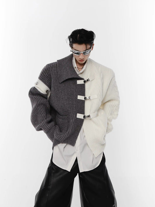 Cardigan Deconstruido Negro y Blanco con Costuras Contrastantes y Botones Metálicos - Image 4