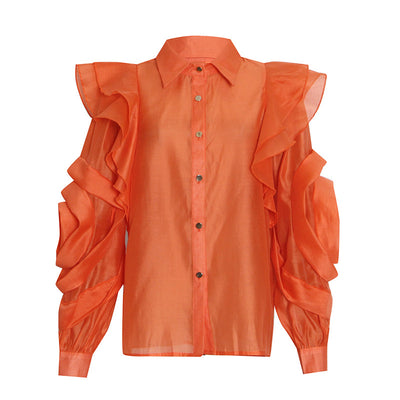 Blusa Organza Color Sólido con Cuello Solapa y Volantes - Image 5