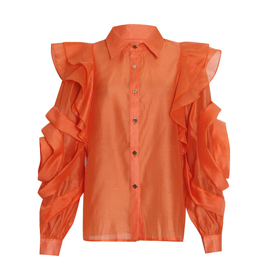Blusa Organza Color Sólido con Cuello Solapa y Volantes - Image 5