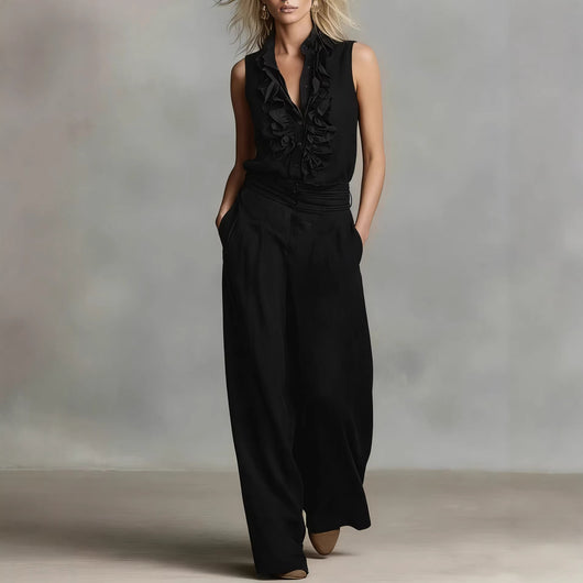 Conjunto Elegante de Lino: Blusa sin Mangas y Pantalón de Pierna Ancha - Image 3