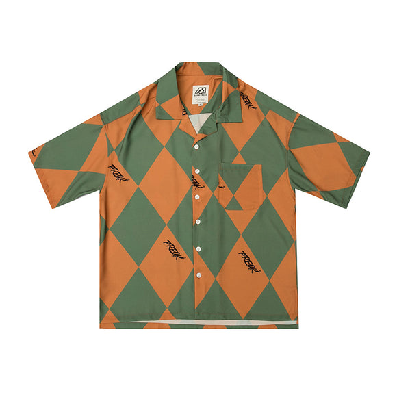 Asymmetrical Diamond Print Short Sleeve Hawaiian Shirt