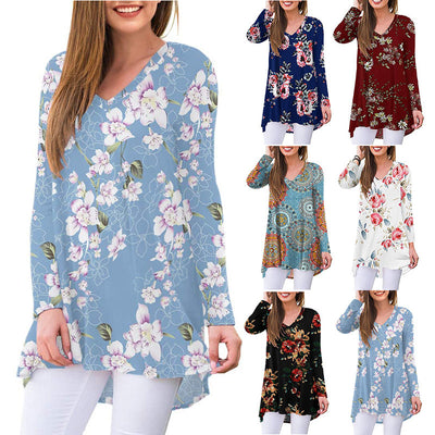 Blusa Casual Floral de Manga Larga Cuello V