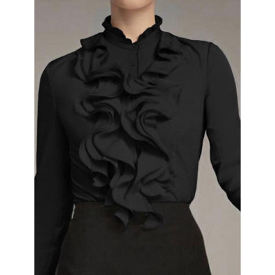 Blusa Clásica de Botones con Volantes y Colores Sólidos - Image 6