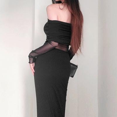 Vestido Largo de Invierno Elegante con Hombros Descubiertos y Pliegues - Image 3