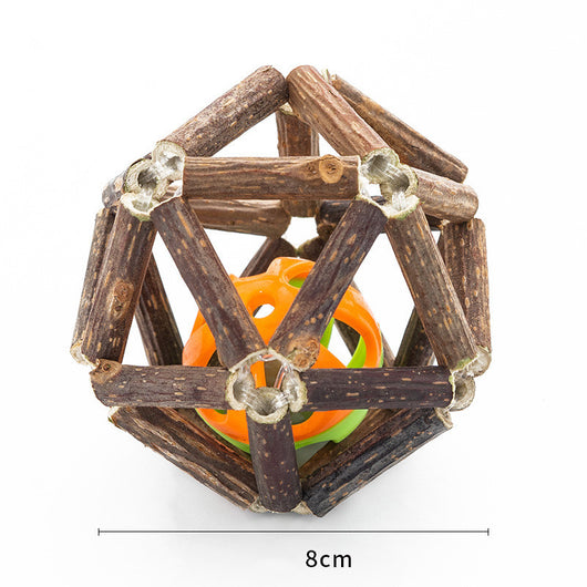 Natural catnip ball toy with a geometric cage made of dark and light brown wooden sticks for cats. - Image 10