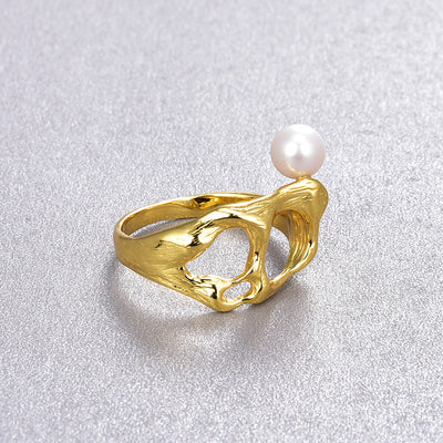 Anillo de Plata S925 Bañado en Oro 18k con Perla y Diseño Calado - Image 2