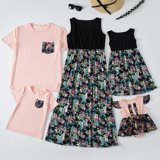 Family matching outfits including a peach and floral maxi dress, two short-sleeve shirts, a sleeveless dress, and a baby romper.
