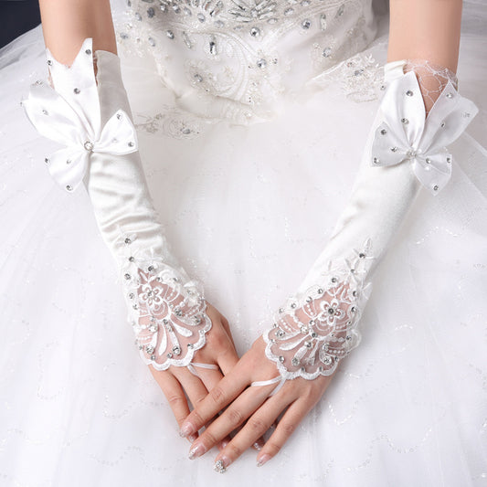 Guantes de Novia Encaje Hueco con Lazo Floral y Dedos Abiertos