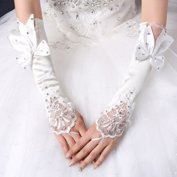 Guantes de Novia Encaje Hueco con Lazo Floral y Dedos Abiertos