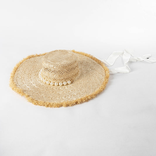 Sombrero Playero de Paja Trenzada con Ala Ancha y Borde Perlado