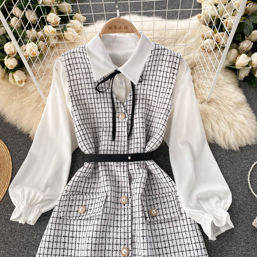 Vestido Houndstooth con Tirantes y Mangas Puff - Image 19