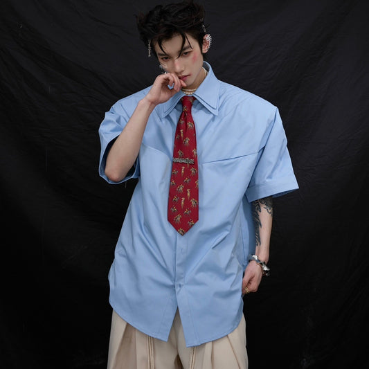 Camisa de Manga Corta con Hombros Acolchados y Pliegues