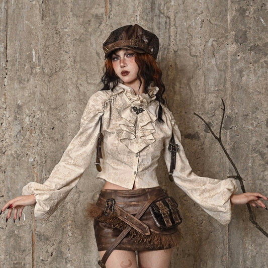 Camisa Steampunk de Algodón y Lino con Cuello Alzado y Volantes Desgastados