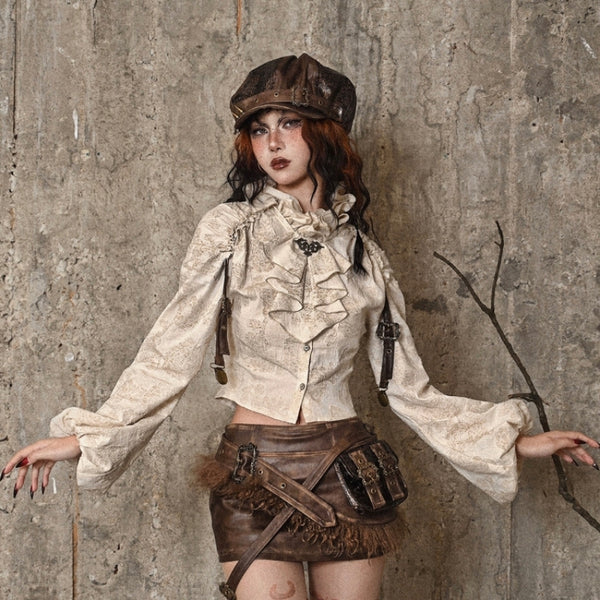 Camisa Steampunk de Algodón y Lino con Cuello Alzado y Volantes Desgastados