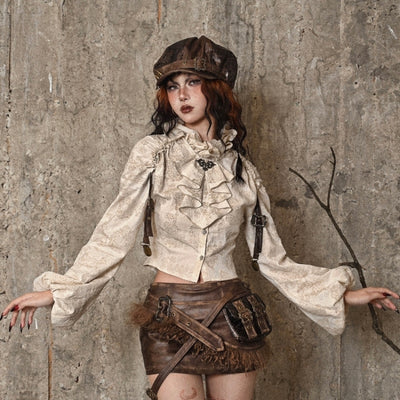 Camisa Steampunk de Algodón y Lino con Cuello Alzado y Volantes Desgastados