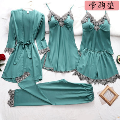 Pijama de Seda Helada Premium - Conjunto de 5 Piezas para Primavera y Verano - Image 3