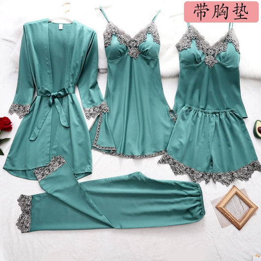Pijama de Seda Helada Premium - Conjunto de 5 Piezas para Primavera y Verano - Image 3
