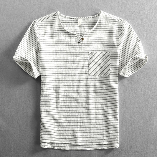 Camiseta Hombre Algodón Rayas Cuello Abierto Manga Corta Suelta Casual