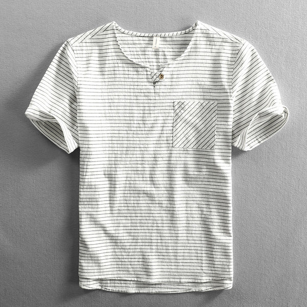 Camiseta Hombre Algodón Rayas Cuello Abierto Manga Corta Suelta Casual