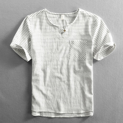 Camiseta Hombre Algodón Rayas Cuello Abierto Manga Corta Suelta Casual