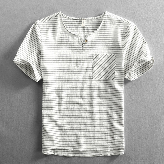 Camiseta Hombre Algodón Rayas Cuello Abierto Manga Corta Suelta Casual