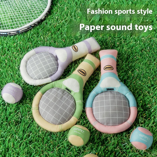Plush dog toy set featuring a green and beige tennis racket (29cm) and a matching 6cm tennis ball.