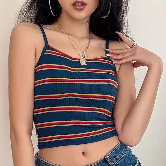Blusa Retro Ajustada con Rayas Contrastantes y Tirantes Delgados - Image 3