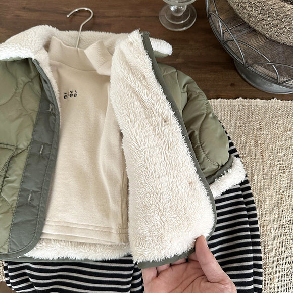 Abrigo Acolchado de Moda Coreana con Cuello de Piel de Cordero