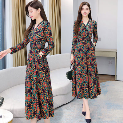 Vestido Elegante Estampado Cuello V Manga Larga Otoño Invierno