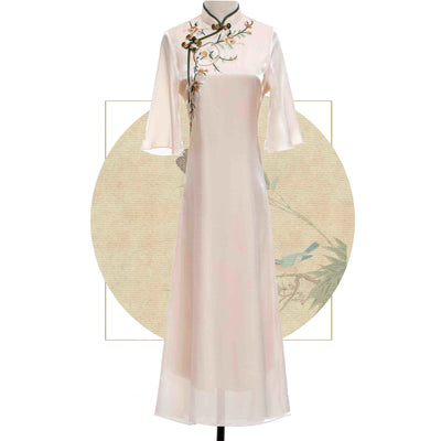 Vestido Cheongsam Disco con Bordado Floral Durazno y Beige - Image 11