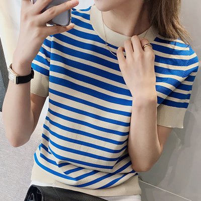 Blusa Holgada Ice Silk a Rayas con Cuello Redondo para Mujer - Image 3